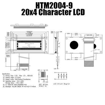 โมดูล LCD ตัวอักษรสีขาวขนาด 4X20 สำหรับอุตสาหกรรม HTM2004-9