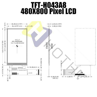 480x800 4.3 นิ้วโมดูล TFT LCD สำหรับเครื่องมือวัด TFT-H043A8WVIST4N30