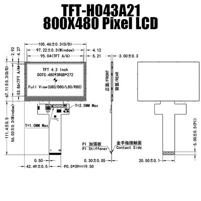480x272 สี 4.3 นิ้วโมดูลจอแสดงผล TFT LCD แสงแดดอ่านได้ TFT-H043A21WQISTKN40