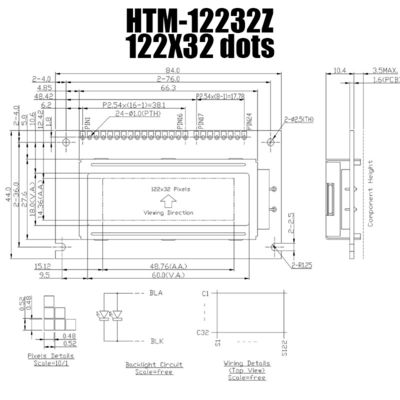 โมดูลกราฟิก LCD 122X32 จอแสดงผล STN พร้อมไฟพื้นหลังสีขาว HTM12232Z