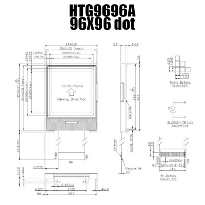 96X96 กราฟิก COG LCD SSD1848 | FSTN + จอแสดงผลพร้อมไฟพื้นหลังสีขาว/HTG9696A