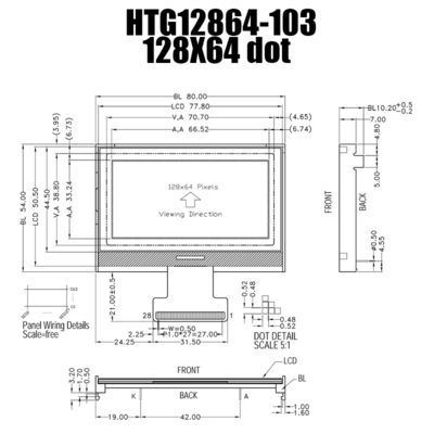 128X64 กราฟิกโมดูล COG LCD สีเทา 66.52x33.24 มม. ST7565P HTG12864-103