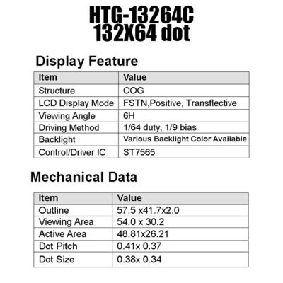 MCU 132x64 LCD COG Display, ST7565R หน้าจอ LCD แบบส่งผ่าน HTG13264C