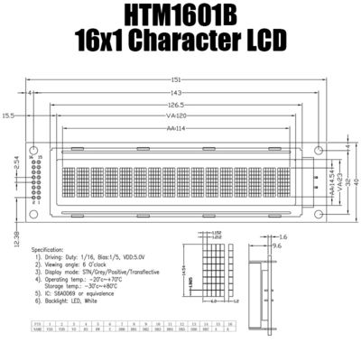 โมดูลจอแสดงผล LCD ขาวดำ 16x1, S6A0069 โมดูล LCD ขนาดเล็ก HTM1601B