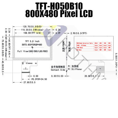 จอแสดงผล RGB TFT ขนาด 5 นิ้วที่ใช้งานได้จริง, IC ST7262 จอแสดงผลที่อ่านได้จากแสงแดด TFT-H050B10SVISTKN50