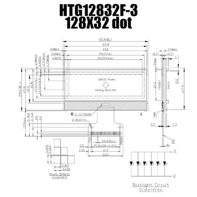 128X32 กราฟิก COG LCD ST7565R | FSTN + จอแสดงผลพร้อมไฟพื้นหลังสีเทา/HTG12832F-3