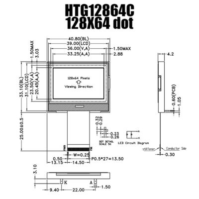 กราฟิกโมดูล LCD COG 128X64 ที่ทนทาน ST7565R พร้อมไฟพื้นหลังสีขาว HTG12864C