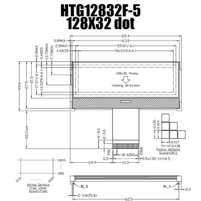 128X32 กราฟิก COG LCD ST7565R | FSTN + จอแสดงผลพร้อมไฟพื้นหลังสีขาว/HTG12832F-5