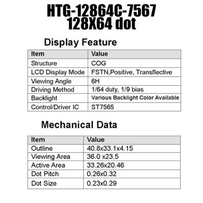 จอแสดงผล LCD COG 128X64 จอแสดงผล FSTN พร้อมไฟพื้นหลังสีขาว HTG12864C